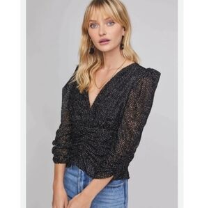 Astr The Label Florence Puff Sleeve Black Velvet Dot Blouse US M